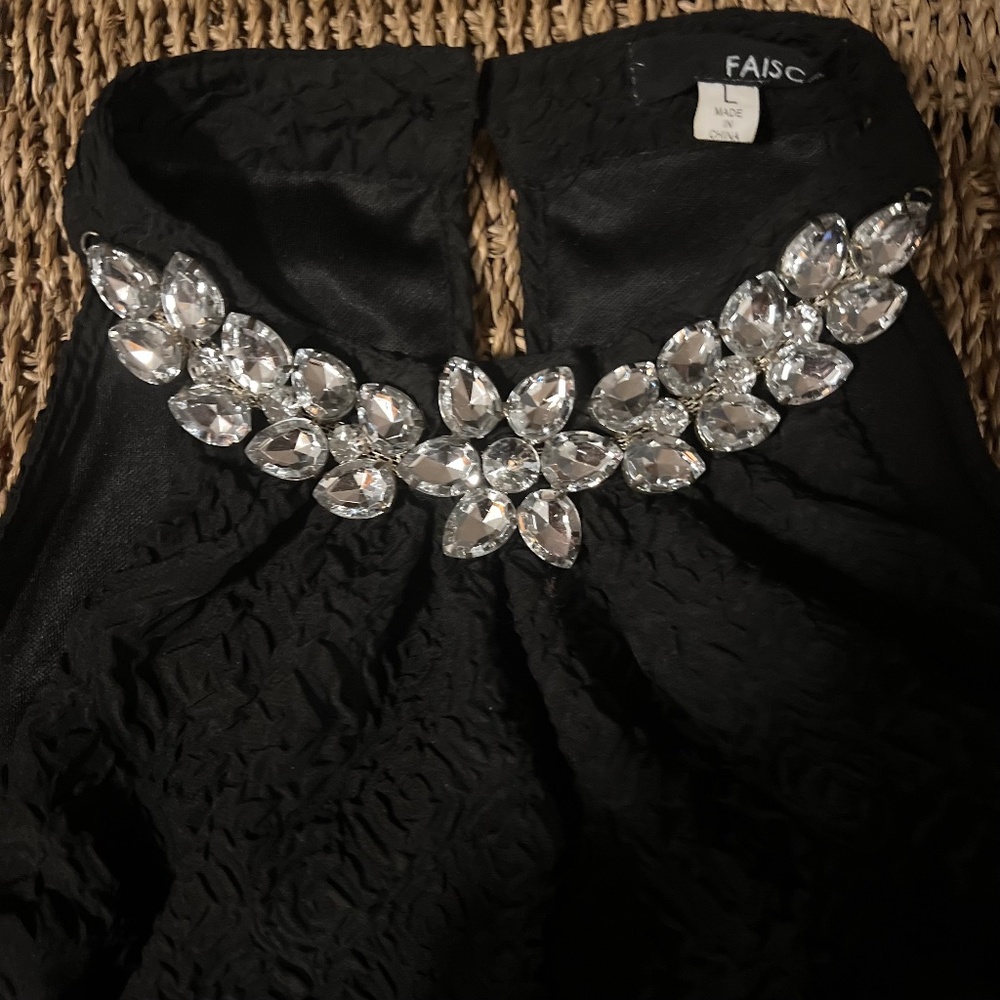 VTG Little Black Dress Miami Cocktail Luxury Crystals Boho Flowers Small Short
